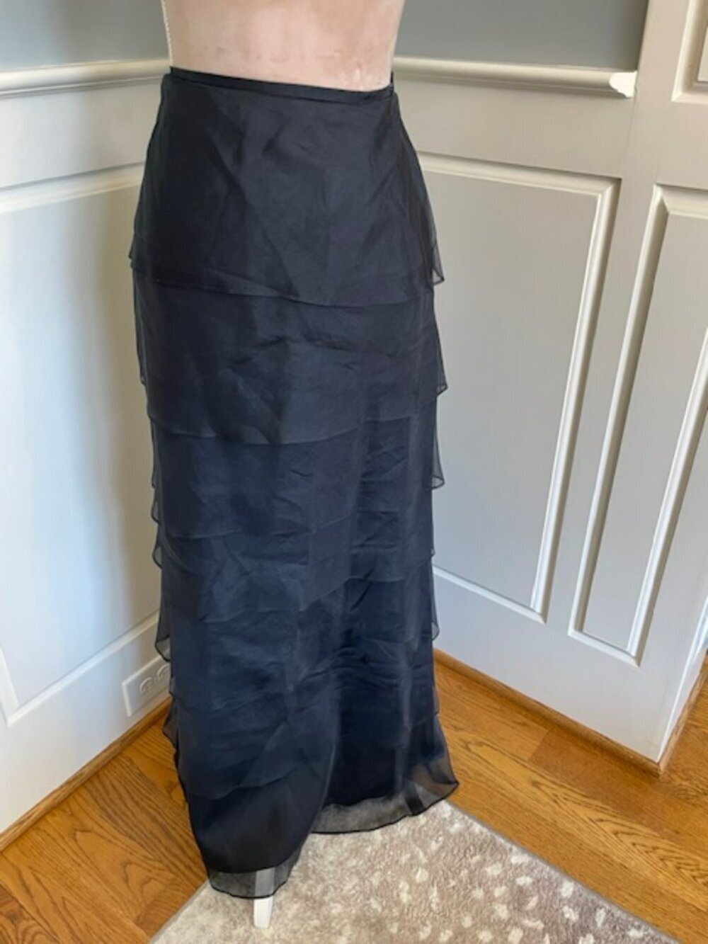 Vintage Tadashi 100% Silk Chiffon Tiered Maxi Skirt 90s Formal Evening Black 6 - Picture 2 of 10